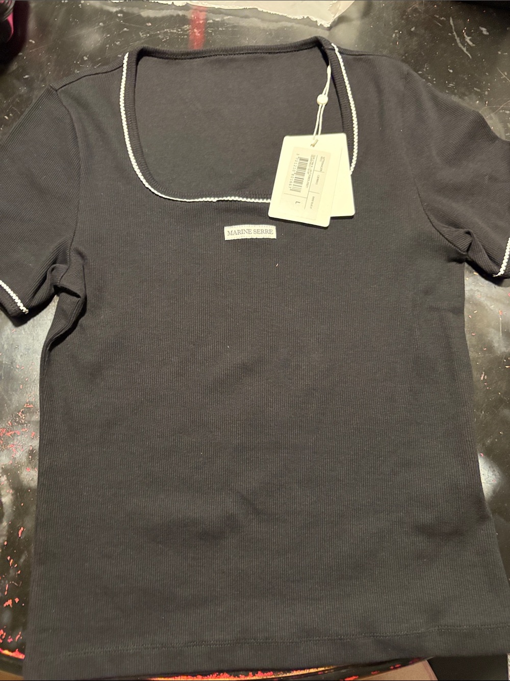 Marine Serre Black Short Sleeve Ribbed Tee with White Trim